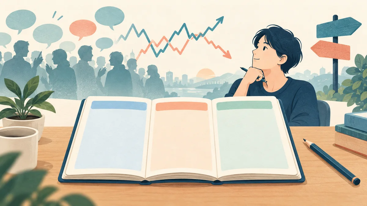 周りの声や相場の動きを眺めながら、ノートで自分の判断を整理する人のイラスト