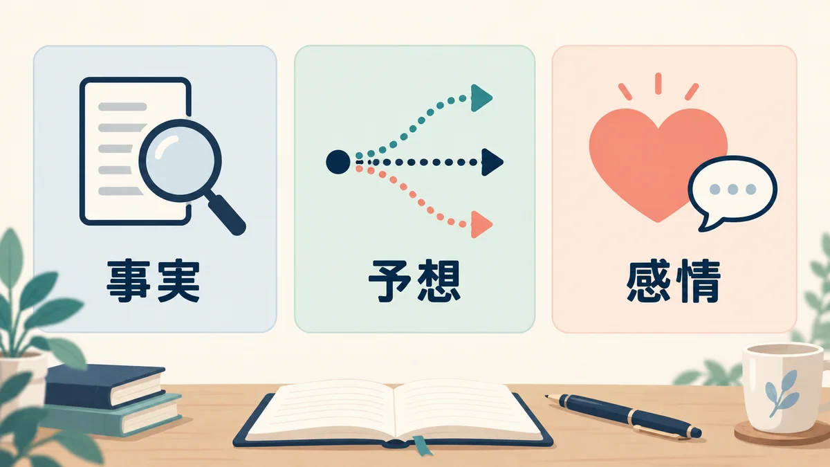 事実・予想・感情をそれぞれ別のカードに分けて考えるための図解
