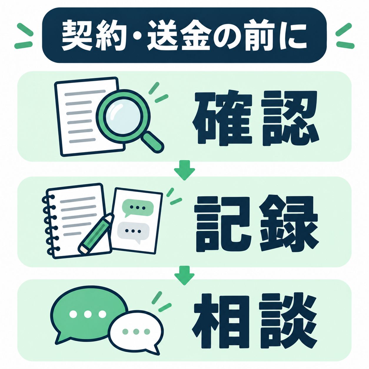 契約・送金の前に、提供者と条件を確認し、やり取りを記録して相談する流れ
